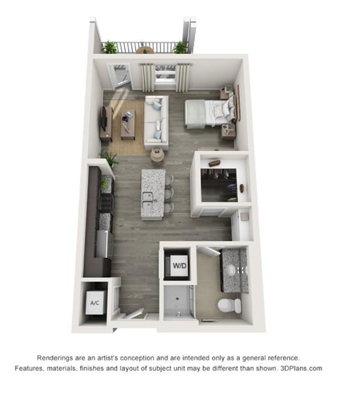 Floor plan for studio, 1 bath, 601 sqft